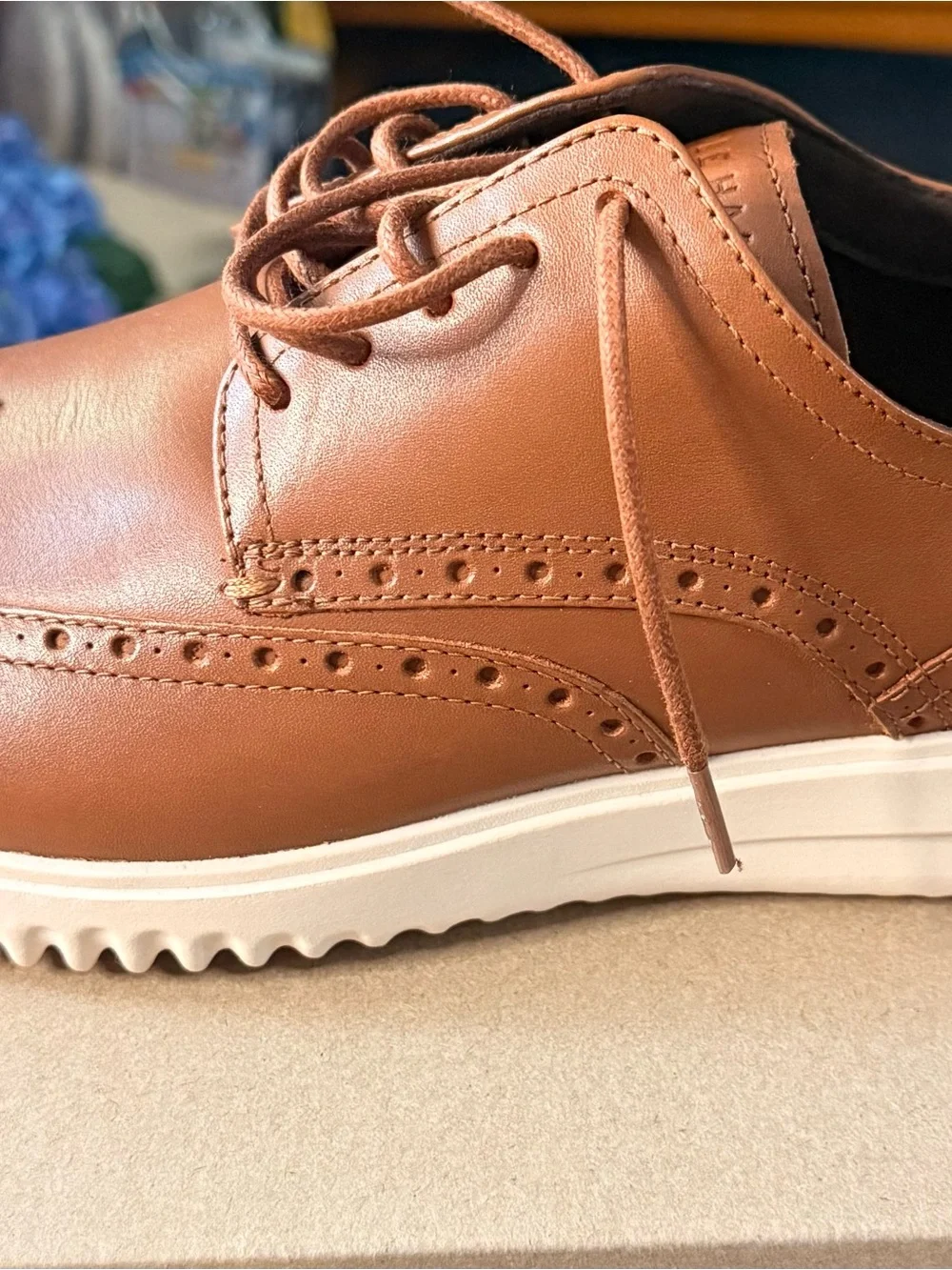 Cole Haan Tan Leather Wingtip Derbys with White Soles